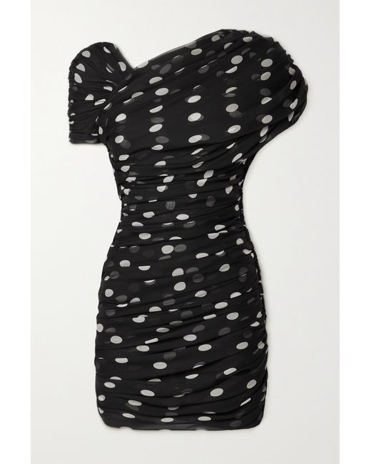 Saint Laurent Asymmetric Ruched Polka-dot Silk-chiffon Mini Dress