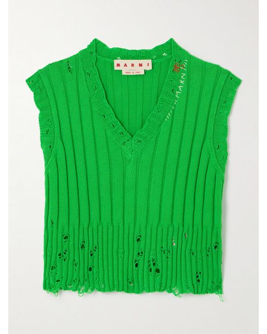 Marni Distressed Embroidered Ribbed-knit Cotton Vest