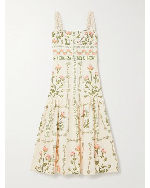 Agua by Agua Bendita Net Sustain Nispero Oasis Embellished Floral-print Linen Midi Dress