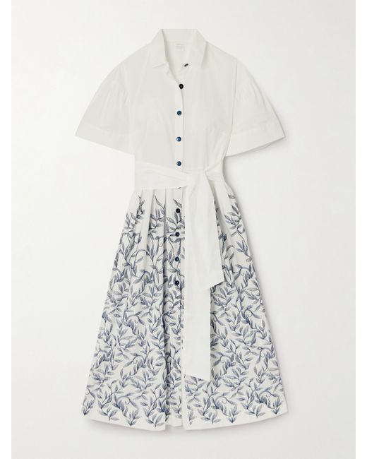 Loretta Caponi Net Sustain Zoe Belted Embroidered Cotton-poplin Midi Shirt Dress