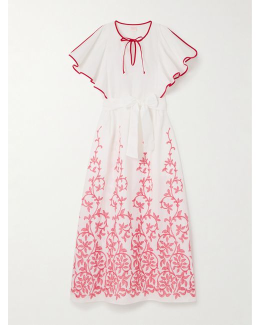 Loretta Caponi Net Sustain Daisy Belted Embroidered Cotton-poplin Midi Dress x small