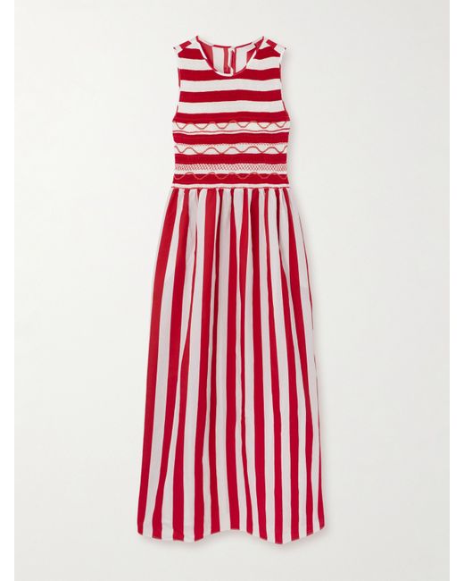 Loretta Caponi Net Sustain Gioia Smocked Embroidered Striped Cotton-poplin Maxi Dress x small