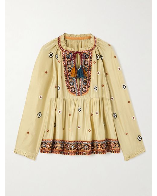 Fortela Tasseled Bead-embellished Embroidered Silk-shantung Blouse