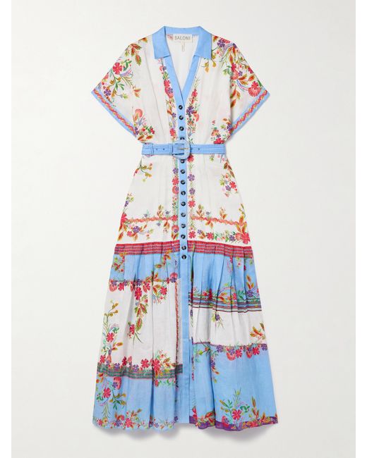 Saloni Riya Belted Pleated Floral-print Linen-voile Dress