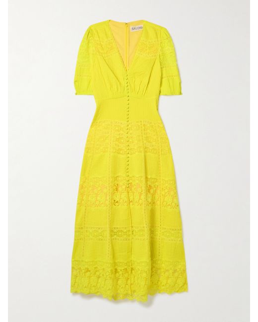 Saloni Lea Paneled Pintucked Lace And Cotton-voile Midi Dress