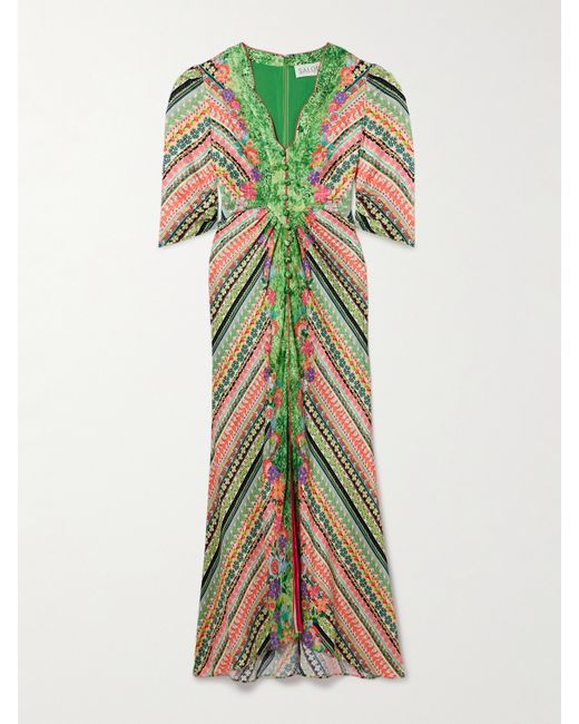 Saloni Mitsu Gathered Printed Silk Midi Dress