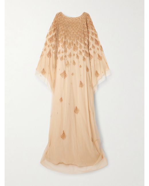 Georges Hobeika Cape-effect Bead-embellished Tulle Gown