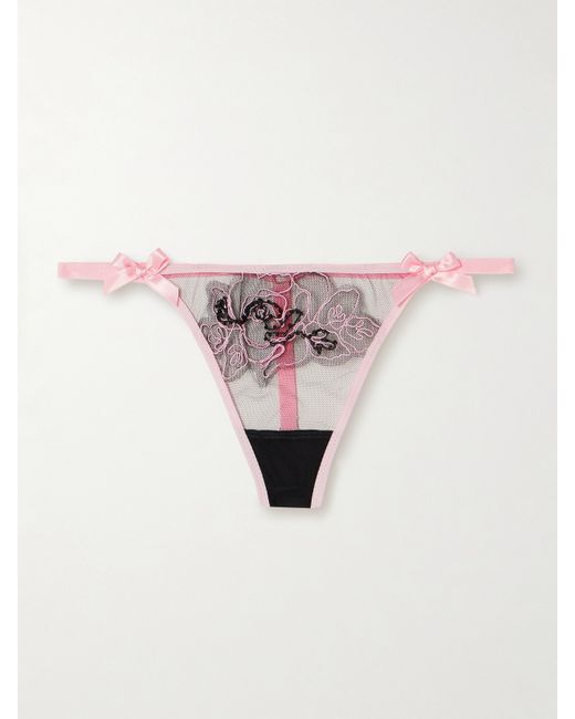 Agent Provocateur Lindie Satin-trimmed Embellished Embroidered Tulle Thong