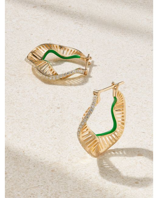 L'Atelier Nawbar Twisted Waves 18-karat Gold Enamel And Diamond Hoop Earrings