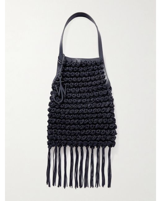 J.W.Anderson Popcorn Shopper Leather-trimmed Fringed Crocheted Waxed-cotton Tote Navy