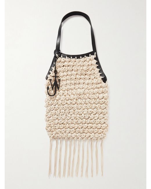 J.W.Anderson Popcorn Shopper Leather-trimmed Fringed Crocheted Waxed-cotton Tote Neutral