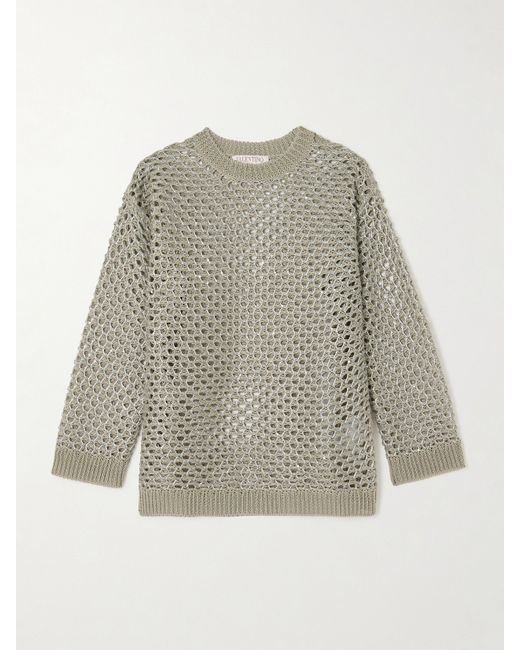 Valentino Garavani Sequin-embellished Metallic Open-knit Linen-blend Sweater Neutral
