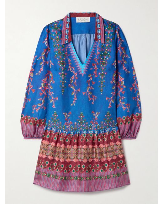 Saloni Jas Gathered Printed Silk-twill Mini Dress