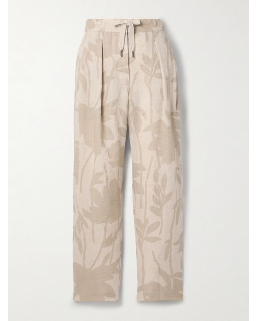 Brunello Cucinelli Pleated Floral-print Linen Tapered Pants