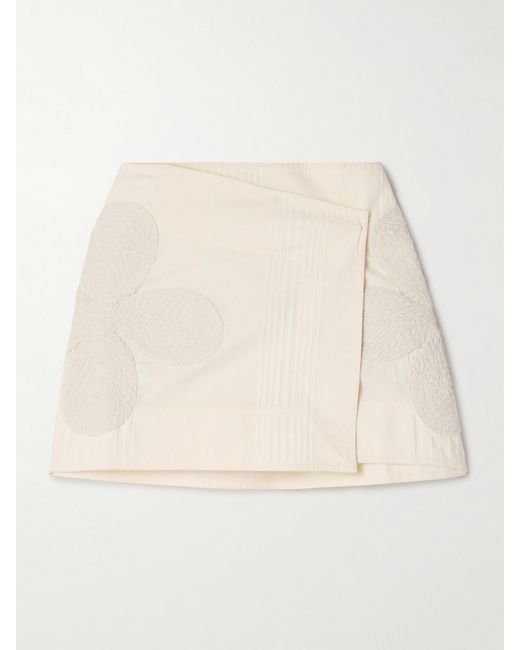 Johanna Ortiz Brouhaha Raffia-trimmed Embroidered Cotton Mini Wrap Skirt