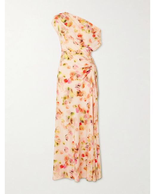 A.L.C. . Poppy One-shoulder Ruched Printed Stretch-silk Gown Blush
