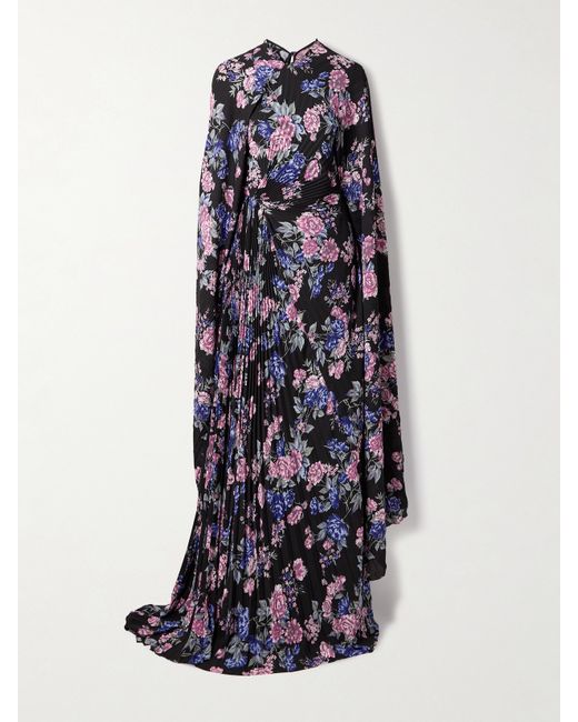 Balenciaga Cape-effect Floral-print Plissé-crepe Gown