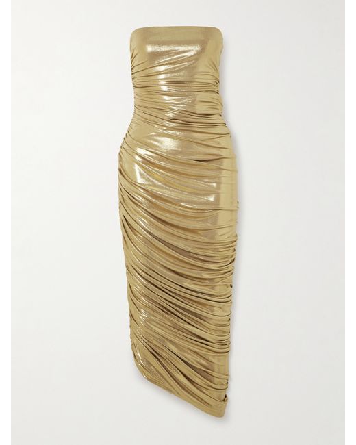 Norma Kamali Diana Strapless Ruched Metallic Stretch-jersey Gown