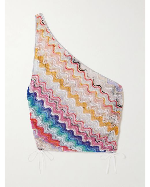 Missoni One-shoulder Tie-detailed Striped Metallic Crochet-knit Top