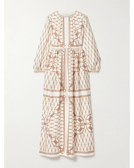 Tory Burch Printed Gathered Silk-twill Maxi Dress