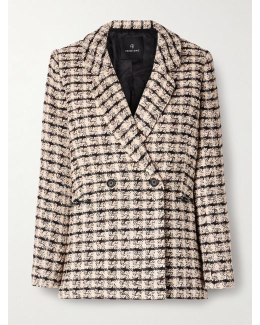 Anine Bing Diana Double-breasted Checked Tweed Blazer