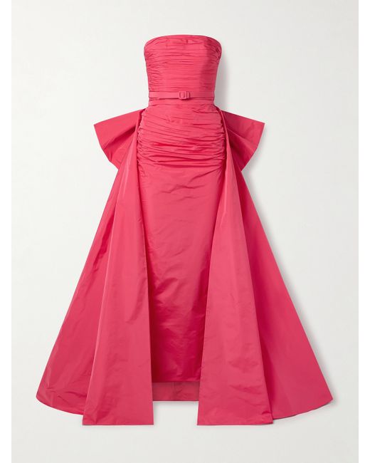 Zuhair Murad Convertible Strapless Bow-embellished Belted Ruched Silk-blend Taffeta Gown Coral