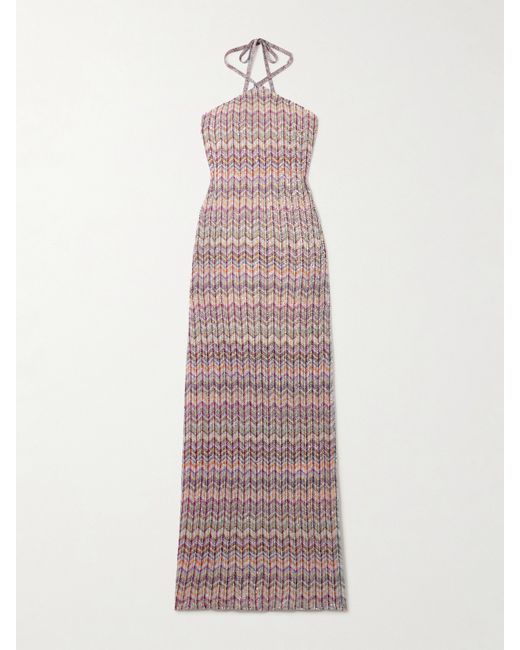 Missoni Mare Striped Sequined Crochet-knit Halterneck Maxi Dress