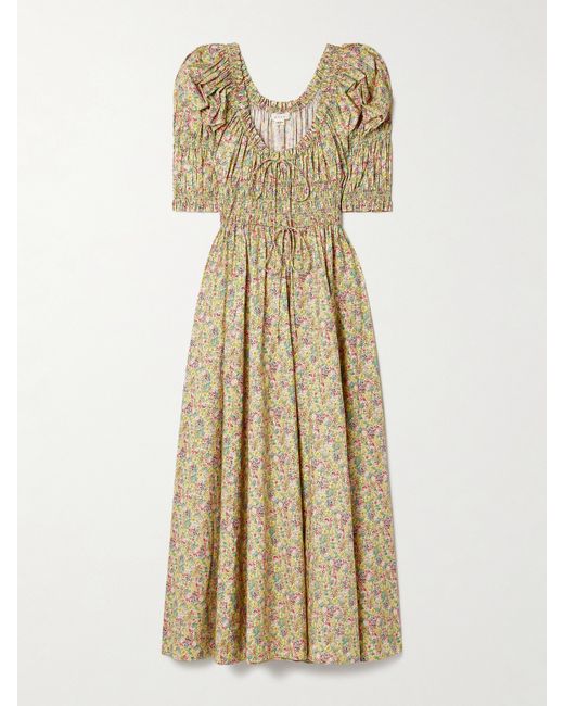 Dôen Ischia Shirred Floral-print Cotton-voile Midi Dress
