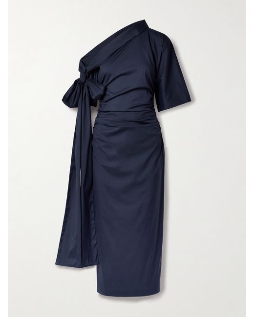 Bernadette Bowie Tie-detailed One-shoulder Organic Cotton-blend Poplin Maxi Dress Midnight