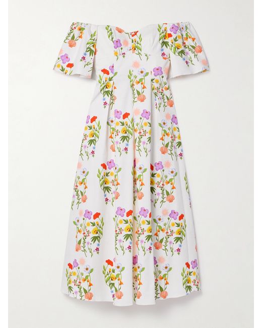 Borgo De Nor Gracie Off-the-shoulder Pleated Printed Cotton-blend Piqué Dress