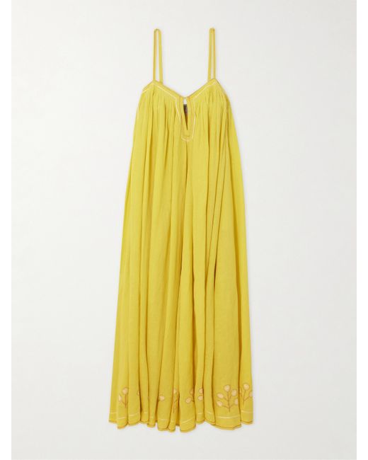 Thierry Colson Zenobia Pintucked Embroidered Linen Maxi Dress