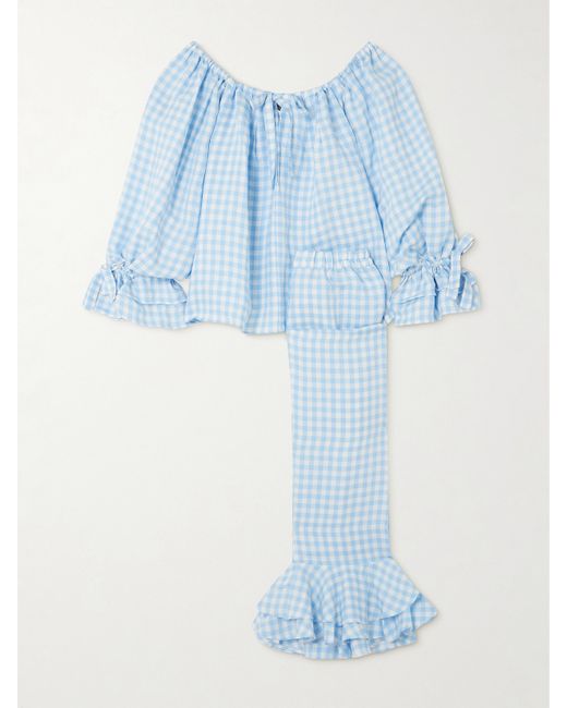 Sleeper Cha-cha Ruffled Tie-detailed Gingham Linen-blend Pajama Set Light