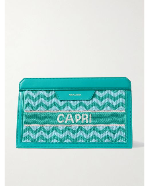 Aquazzura Capri Beaded Leather Clutch Turquoise