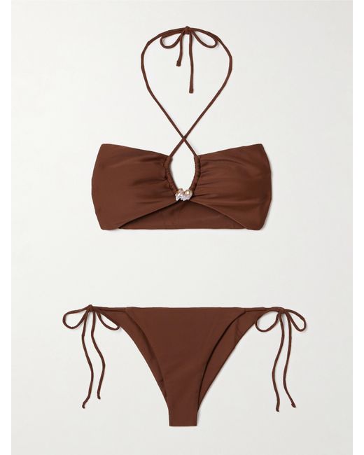 Sara Cristina Bahia Pearl-embellished Halterneck Bikini Chocolate