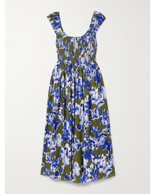 La Ligne Vivian Shirred Printed Cotton-sateen Midi Dress