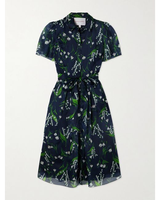 Carolina Herrera Pleated Floral-print Silk-satin Midi Shirt Dress Midnight