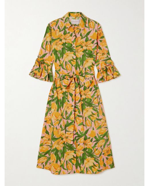 Carolina Herrera Belted Pleated Floral-print Cotton-poplin Midi Shirt Dress