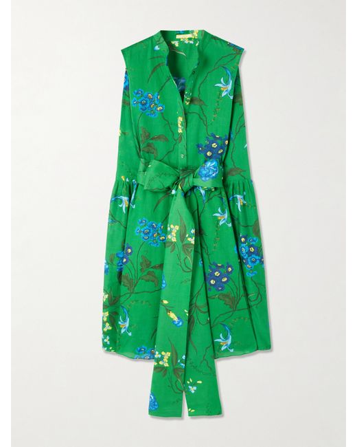 Erdem Belted Floral-print Cotton And Linen-blend Dress