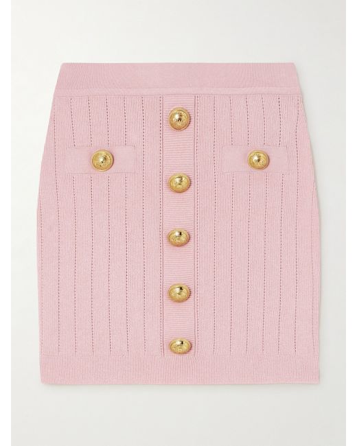 Balmain Button-embellished Ribbed-knit Mini Skirt