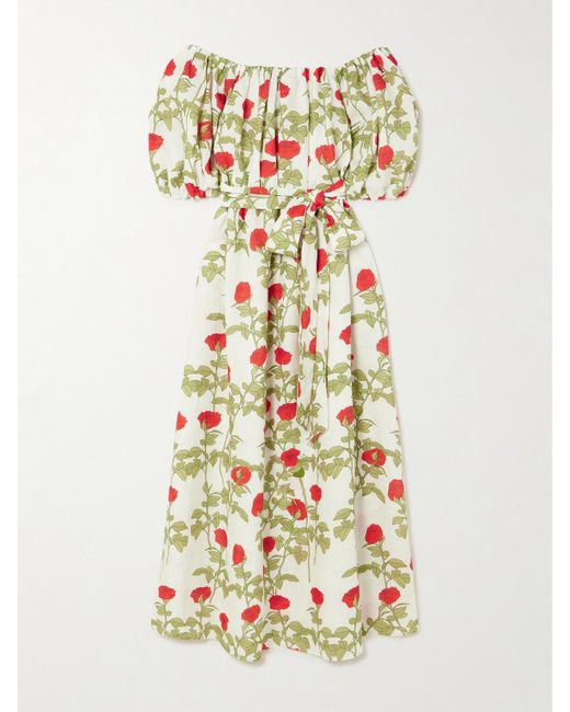 Bernadette Zaza Off-the-shoulder Belted Floral-print Linen Maxi Dress