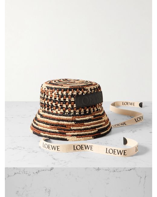 Loewe Paulas Ibiza Leather And Webbing-trimmed Striped Raffia Bucket Hat