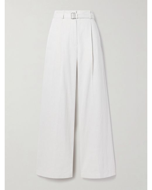 Proenza Schouler Dana Belted Faux Leather-trimmed Pleated Cotton And Linen-blend Wide-leg Pants