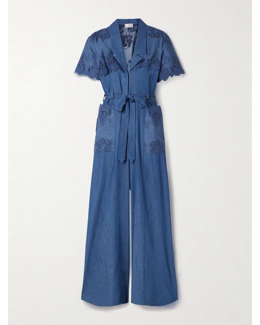 Miguelina Tinsley Belted Guipure Lace-trimmed Cotton-chambray Jumpsuit