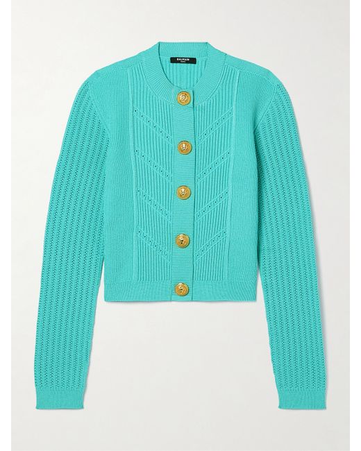 Balmain Button-embellished Ribbed Pointelle-knit Cardigan Turquoise