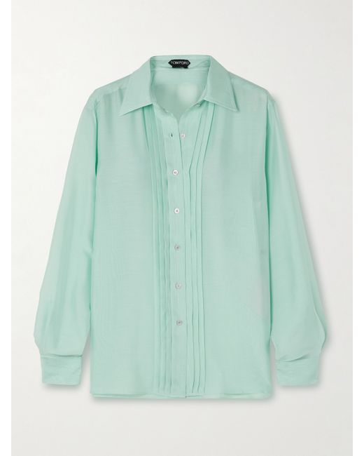Tom Ford Pleated Silk Shirt Turquoise