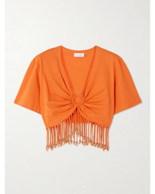 Rabanne Cropped Fringed Embellished Cotton-jersey Top