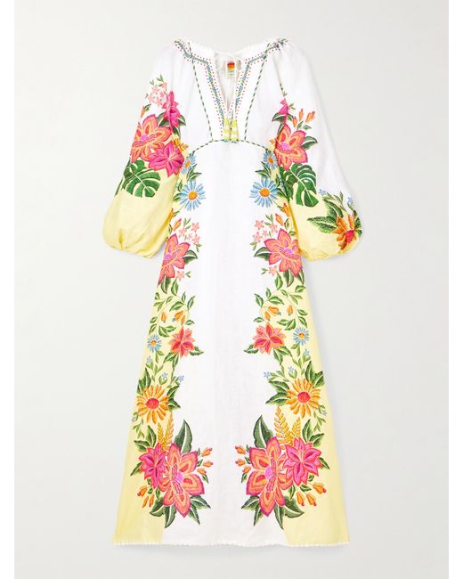 Farm Rio Bloom Garden Bead-embellished Embroidered Knit-trimmed Linen Maxi Dress