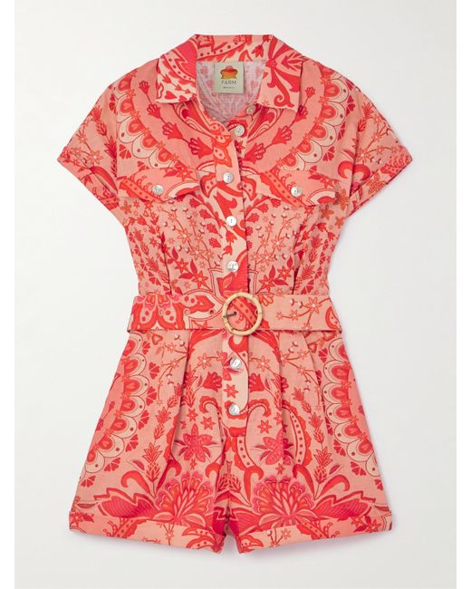 Farm Rio Jaipur Belted Pleated Printed Linen Playsuit