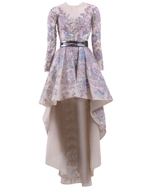 Saiid Kobeisy Belted High-Low Tulle Embroidered Dress