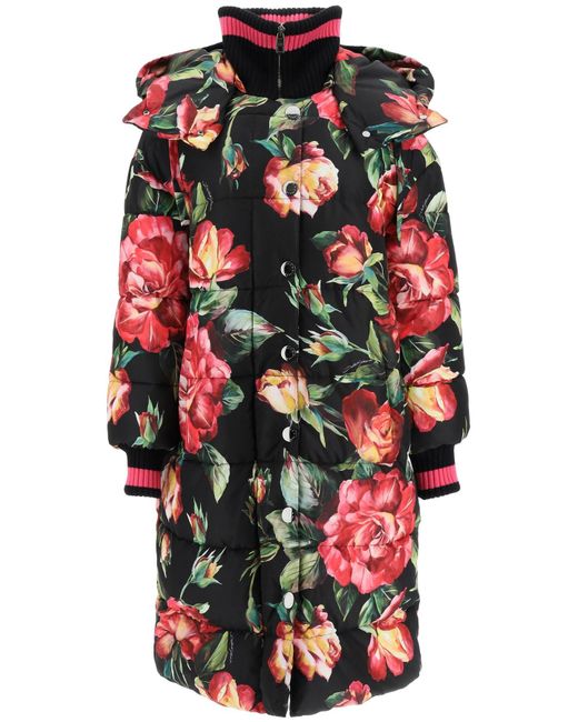 Dolce & Gabbana Rose Print Long Puffer Jacket